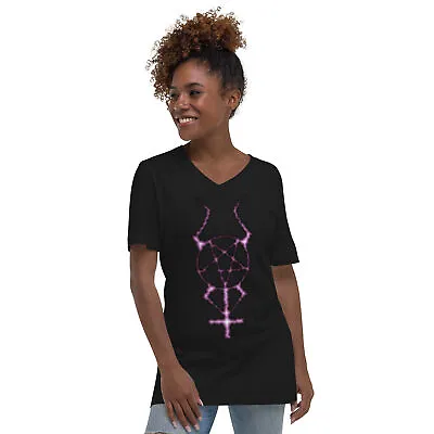 Buy Dark Forces Horned Pentacross Pentagram Cross Unisex Short Sleeve V-Neck T-Shirt • 27.67£