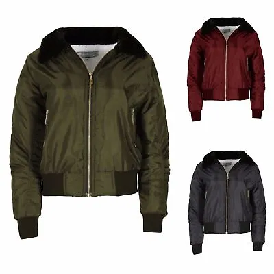 Buy New  Ladies Girls Sherpa Fleece Fur Collar Lined MA1 Bomber Biker Winter Jacket • 8.99£