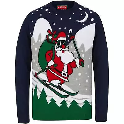 Buy Christmas Skiing Santa Motif Mens Christmas Jumper - Navy • 17.90£