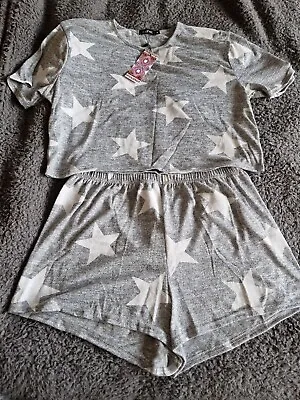Buy New With Tags Cute Boohoo Ladies Pjs Grey With White Stars Shorts And T Shirt • 9£