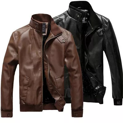 Buy Men Zipper Slim Fit Coat PU Leather Motorcycle Jacket Biker Causal Vintage Tops • 14.99£