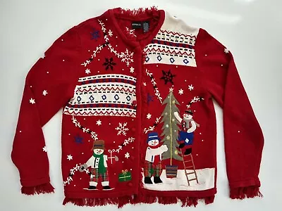 Buy Vintage ERIKA Ugly Tacky Christmas Red Sweater With Snowmen And Holiday Tree • 34.69£