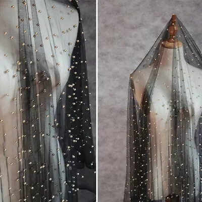 Buy Sheer Beads Net Yarn Fabric Black Mesh Cloth Crafts Material Wedding Dress Fairy • 20.41£