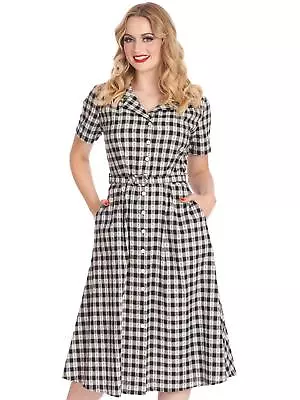 Buy 1950s Retro Rockabilly Navy Cherry Gingham Vintage Style Shirt Dress UK 08-18 • 62.99£