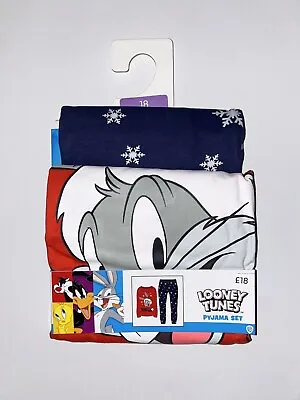 Buy Looney Tunes Womens Red & Navy Long Sleeve Christmas Pyjamas PJ Set BNWT 18 • 16£