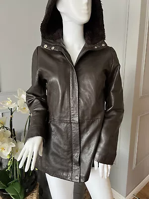 Buy RARE ZARA Vintahe Hooded Goat Leather JACKET Coat Size M - Brown • 67£