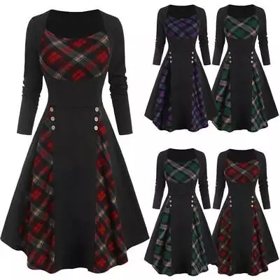 Buy Womens Plaid Check Skater Dress Steampunk Gothic Party Swing Dresses Costume • 3.19£