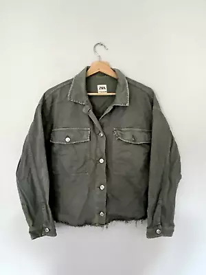 Buy Zara Denim Jacket Size XS Khaki Green Oversized Crop • 17.99£