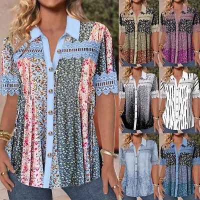 Buy Women V Neck Floral Lace Tee T Shirt Ladies Boho Casual Loose Button Blouse Tops • 3.29£
