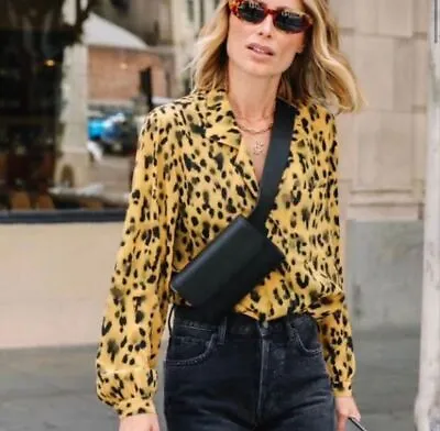 Buy NWOT ANINE BING LILAH Yellow Leopard Button Down Silk Blouse Large • 168.90£