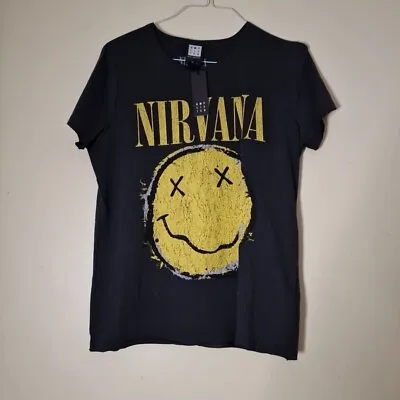 Buy Amplified Nirvana Smiley Logo Charcoal Grey Cotton T-Shirt (UK L) • 21.49£