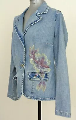 Buy Department Of Peace Women's Denim Jacket Size XL Floral Beaded Print Blue Blazer • 45.35£