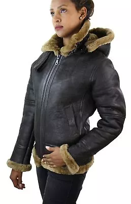 Buy Ladies Aviator New Ginger Women's Hooded Real Shearling Sheepskin Leather Jacket • 329.99£