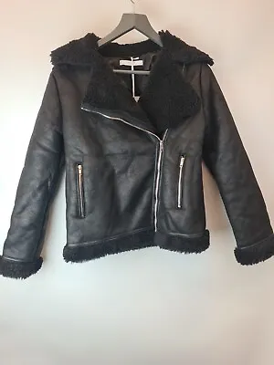 Buy Michelle Keegan Longline Faux Shearling Black Biker Jacket Size UK 8 **** V24 • 18.99£