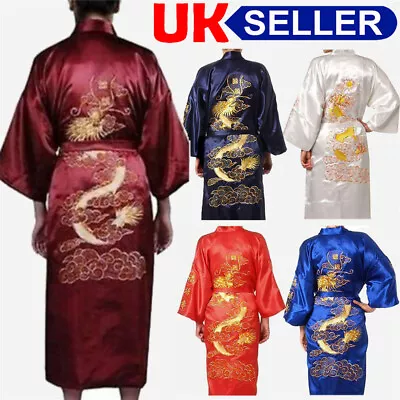 Buy Chinese Dragon Kimono Dressing Gown Men Bathrobe Silk Satin Nightwear Pajamas UK • 16.99£