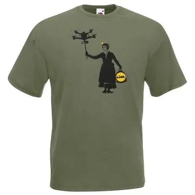 Buy Unisex Olive Green Banksy Mary Poppins Drone Street Art T-Shirt • 10.88£