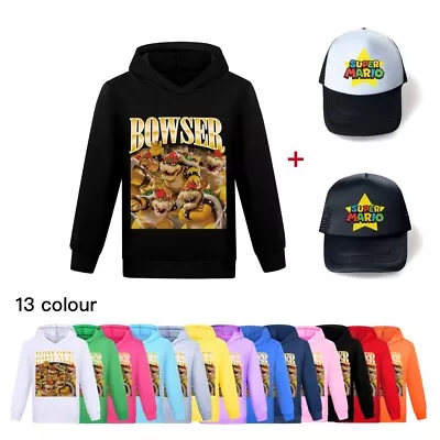 Buy Kids Super Mario Bowser Hooded Hoodie Unisex Pullover Sweatshirt Jumper +Cap Top • 12.99£