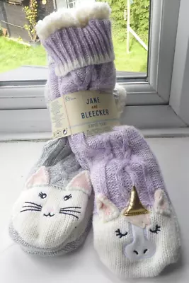 Buy Jane & Bleecker Plushfill Lined 2 Pairs Knit Slipper Socks Unicorn & Cat NEW • 13.95£