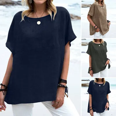 Buy UK Womens Summer Short Sleeve Loose Tops Solid Cotton T-shirt Blouse Plus  • 15.65£