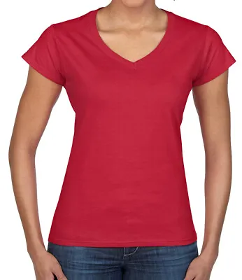 Buy Gildan Softstyle Ladies V-Neck T-Shirt Casual Plain Soft Cotton Jersey Tee Shirt • 6.37£