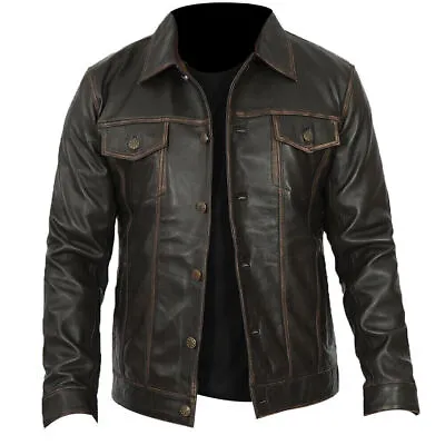 Buy Mens TRUCKER Real Leather Western Jacket Classic Denim Cowboy Style Shirt Jacket • 75.99£