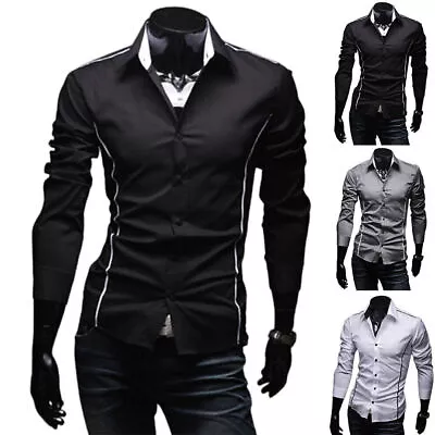 Buy Men's Button Up Long Sleeve Shirts Casual Formal Smart T-Shirts Slim Fit Tops • 14.49£