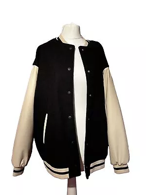 Buy H&M Black Tweed Oversized Varsity Jacket Bomber Coat With Faux Leather Sleeves M • 25£