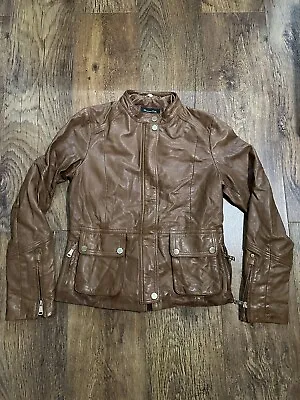 Buy Massimo Dutti Brown Natural Leather Slim Fit  Zip Moto Jacket Size S • 29.90£