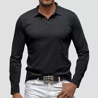 Buy Mens Lapel Neck Business Polo Shirt Casual Long Sleeve Tops Sport T Shirts 44 • 9.69£