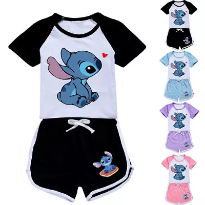 Buy Girl Lilo And Stitch Print T-shirt Casual Tracksuit Set Top Shorts Suit Clothes` • 12.98£