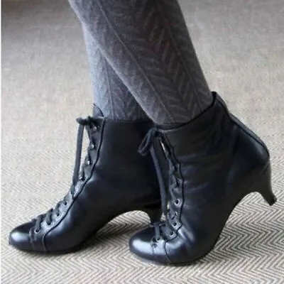 Buy Womens Gothic Kitten Heel Ankle Boots Ladies Vintage Lace Up Booties Shoes Size • 7.06£