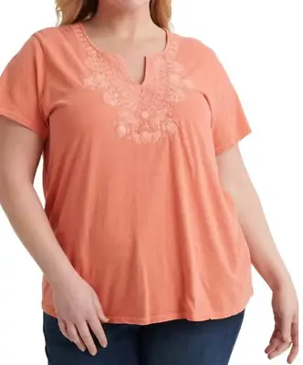 Buy Lucky Brand Women's 3X Plus Peach Embroidered Tee Shirt Top NWT • 29.29£