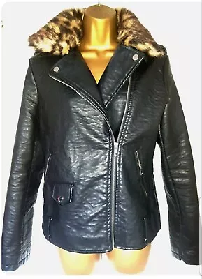 Buy New Look Biker Faux Leather Jacket Leopard Print Furry Collar U.k 12 Punk Rock • 15£