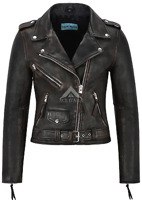 Buy Ladies Leather Jacket Vintage BRANDO Fitted Urban Look Biker Jacket MBF • 97.58£
