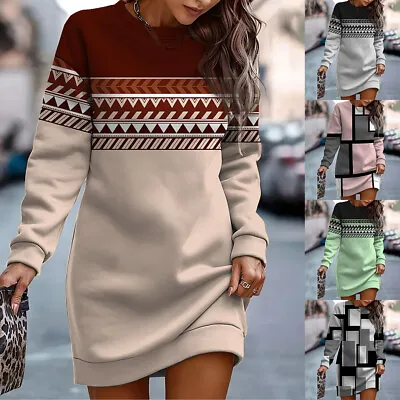 Buy Womens Round Neck Jumper Sweater Dress Casual Loose Print Long Sleeve Mini Dress • 10.79£