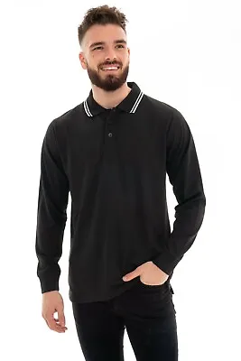 Buy Mens Polo Long Sleeve Pique T-Shirt Tipping Collar Pocket Smart Casual Shirt Top • 9.99£