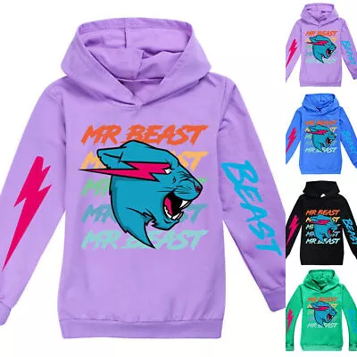 Buy Kids Boys Mr Beast Cat Hoodie Long Sleeve Hooded Casual Sweatshirt Pullover Tops • 12.58£