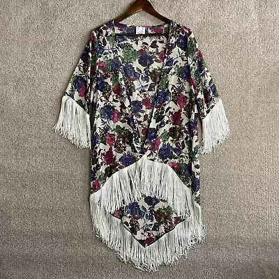 Buy Merch Kimono Women Size Small Multicolor Floral Print Fringe Open Asymmetric Hem • 4.72£