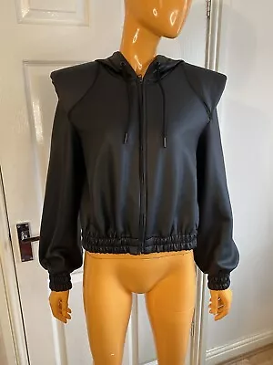 Buy Zara Black Padded Shoulders Faux Leather Hooded Short Jacket Size Small • 24.99£