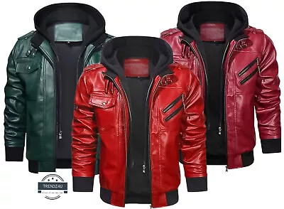 Buy Men’s PU Faux Leather Casual Motorcycle Bomber Jacket With A Removable Hood New • 89.88£