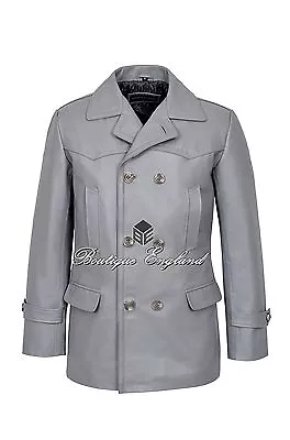 Buy GERMAN PEA COAT Grey Men's Classic Reefer Military Hide Leather Jacket Dr Who • 129.72£