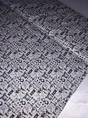 Buy 1 Meter Silver Steam Punk Clock Hats Print 100%Cotton Quilting Fabric 45” Wide • 10.99£