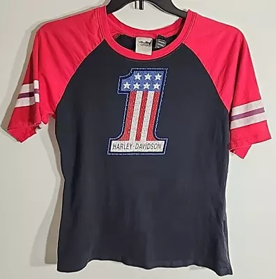 Buy Harley Davidson T-Shirt Womens  Red Black Raglan Baseball Short Sleeve SZ XL • 21.23£