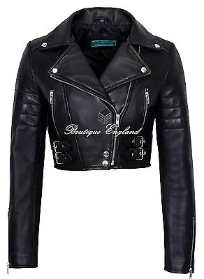 Buy Ladies Cropped Jacket Short Body Gothic Top BLACK Biker REAL LEATHER Jacket 5625 • 94.81£