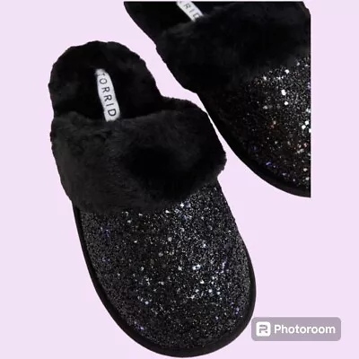 Buy 9 Womens Slipper Black Glitter Fuzzy Slip On Fur Trim Glam Sparkle Torrid Sleep • 34.02£