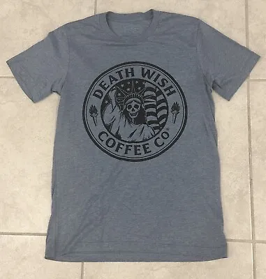 Buy Death Wish Coffee Company Logo Shirt Size Medium Blue Skull Statue Of Liberty • 18.95£