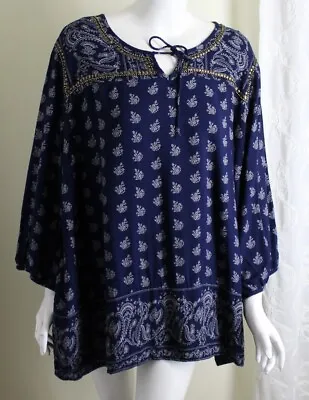 Buy Catherine's Sz 3X Calico Blue Charming Boho Funky Paisley Blouse Shirt Top Rayon • 55.41£