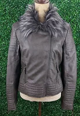 Buy Next Women Faux Leather Biker Jacket Faux Fur Collar Grey UK 12 • 26.84£