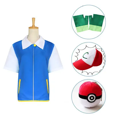 Buy Cosplay Costume Full Set Jacket + Gloves + Hat + Ball Pokemon Ash Ketchum • 42.09£