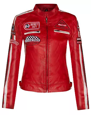 Buy Womens Red Leather Biker Jacket Retro Casual Zipped Racing Moto Badges • 98.99£